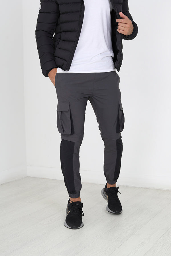 Grey Contrast Panel Cuffed Cargo Trousers