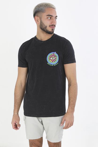 Jet Black Acid Wash Crew Neck Printed T-Shirt