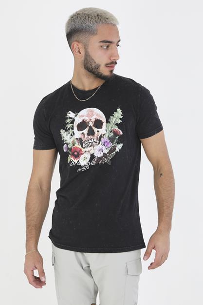 Black Floral Skull Print Crew Neck Acid Wash T-Shirt