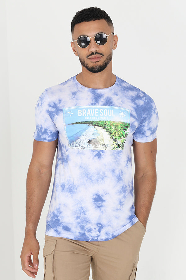 Tie Dye Beach Print Crew Neck Tee Shirt