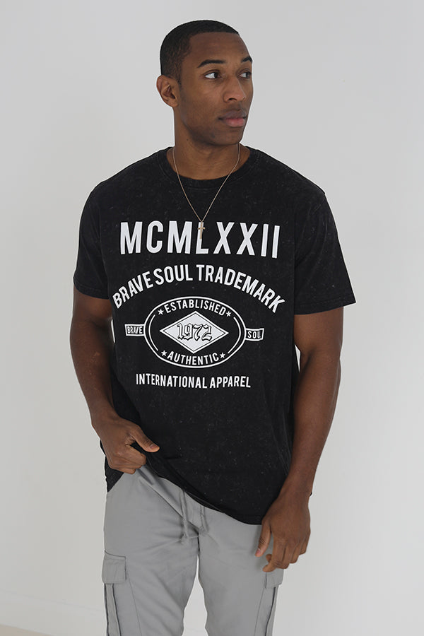 Black Acid Wash Oversized Chest Print T-Shirt