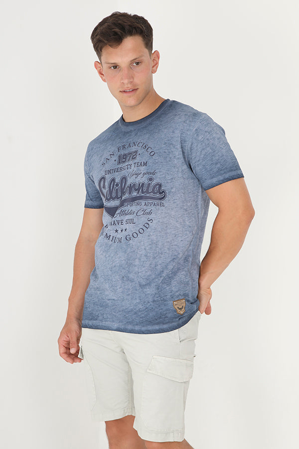 Oil Wash Crew Neck California Print T Shirt