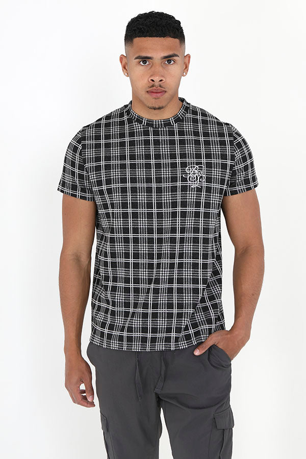 Jacquard Checked Pattern Crew Neck T-Shirt