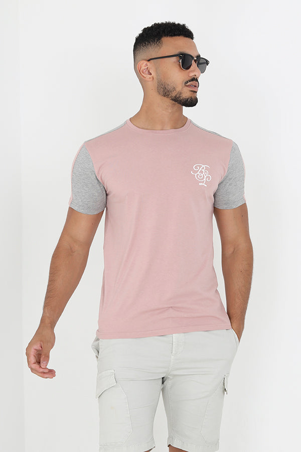 Crew Neck Short Contrast Sleeves Embroidered T Shirt