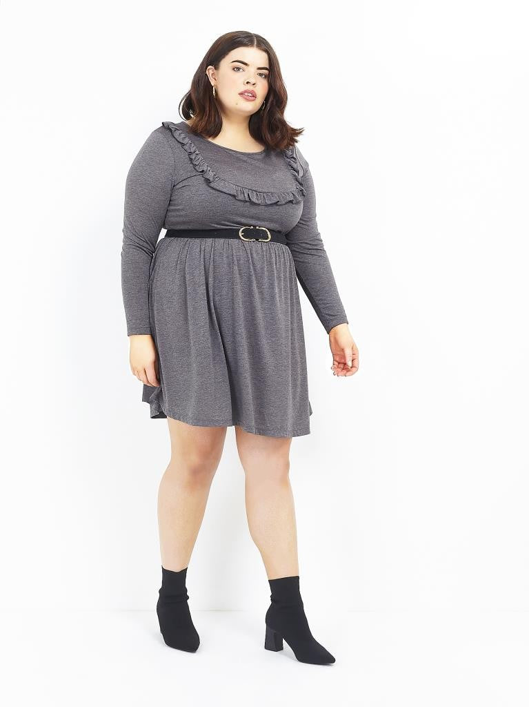 Plus Size Frill Bib Long Sleeve Skater Dress
