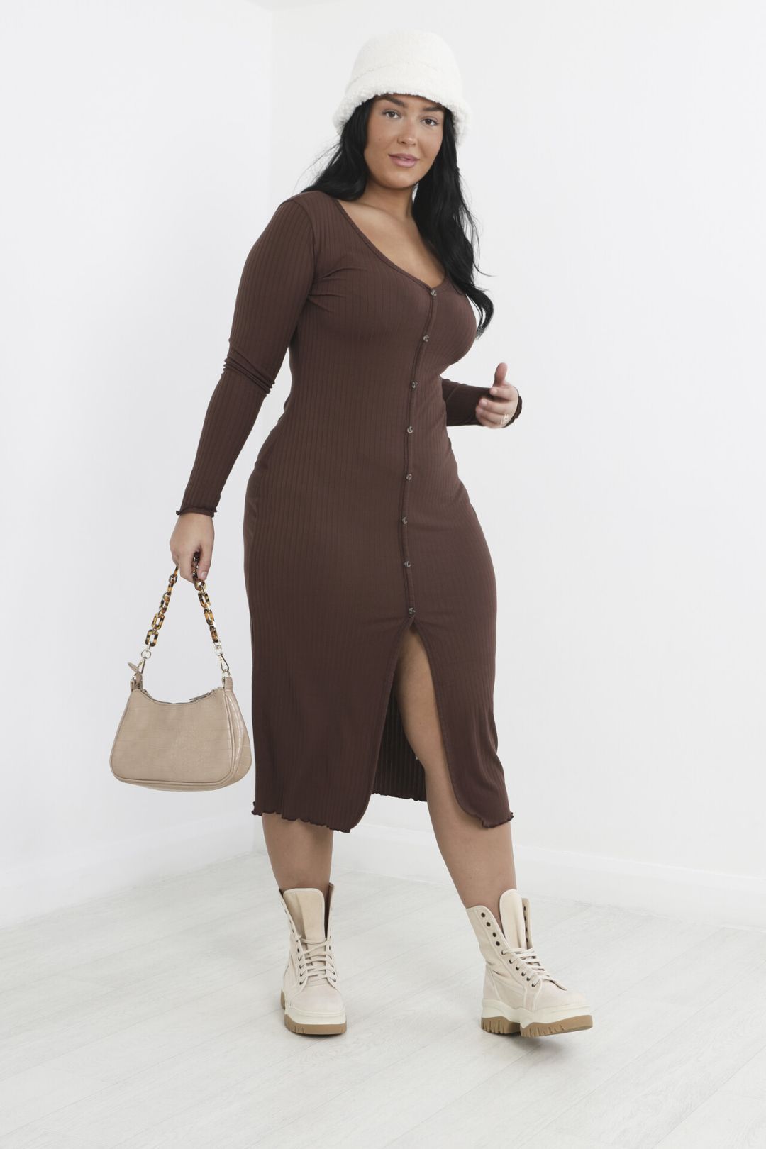 Plus Size Long Sleeve Button Through Midaxi Dress
