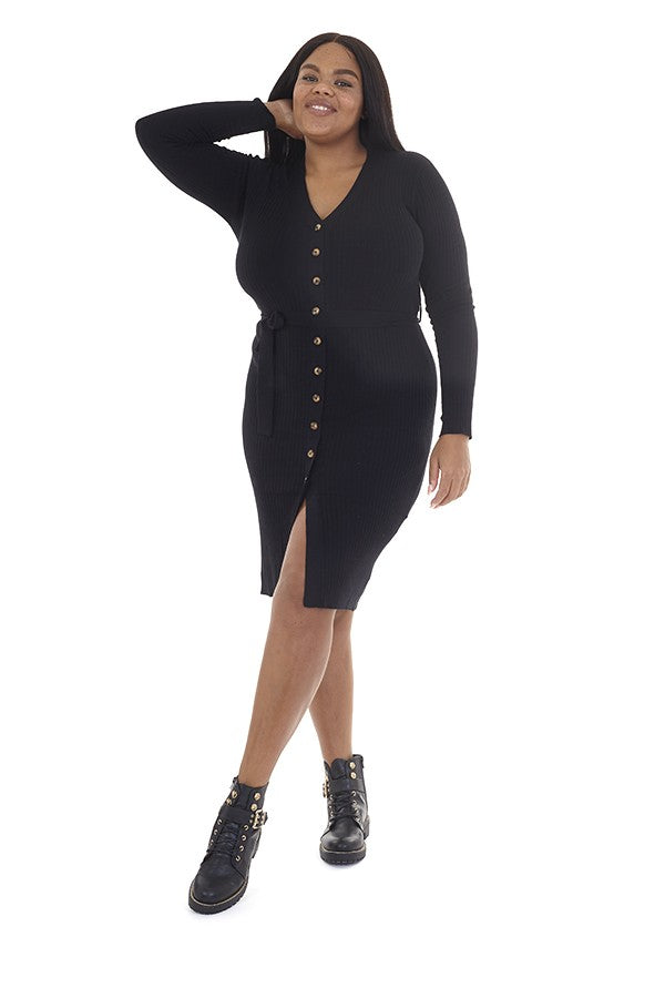 Plus Size Ribbed V-Neck Buttoned Knitted Dress