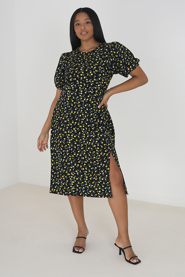 Plus Size Split Ditsy Floral Print Midi Dress