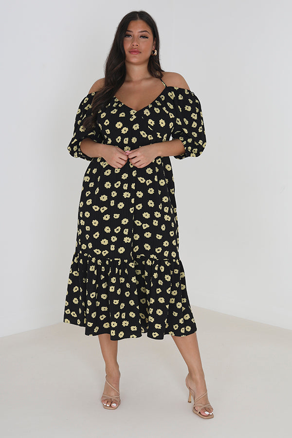 Plus Size Floral Tie Back Tiered Midi Dress