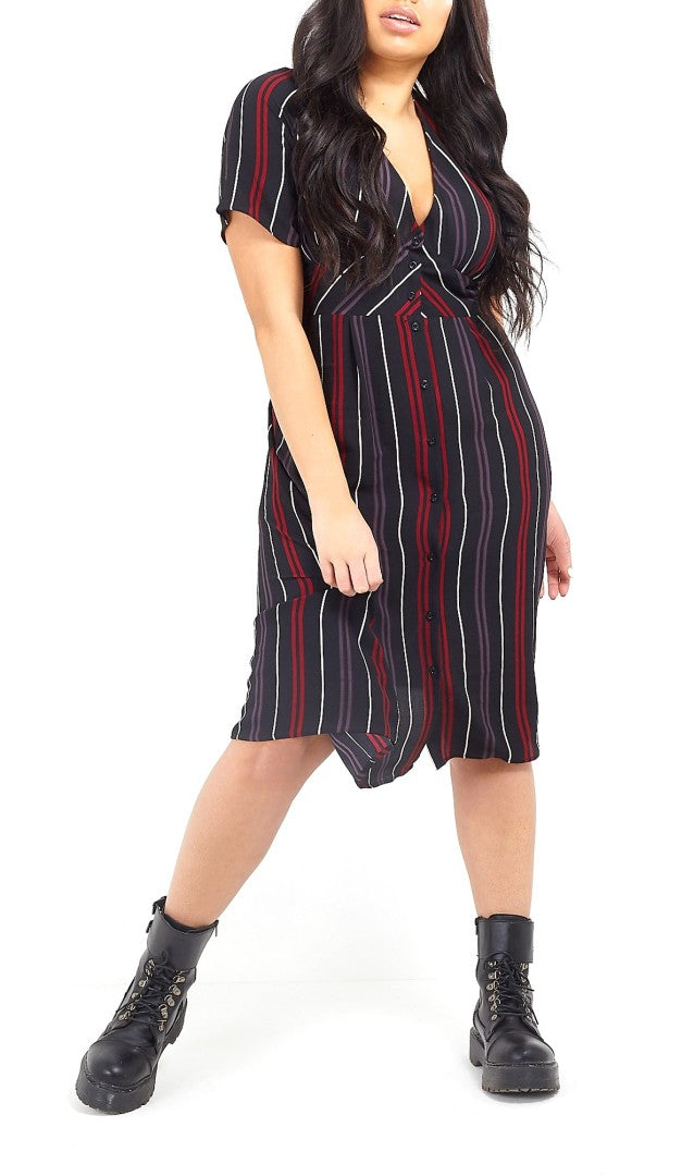 Plus Size Striped Button Down V-Neck Midi Dress