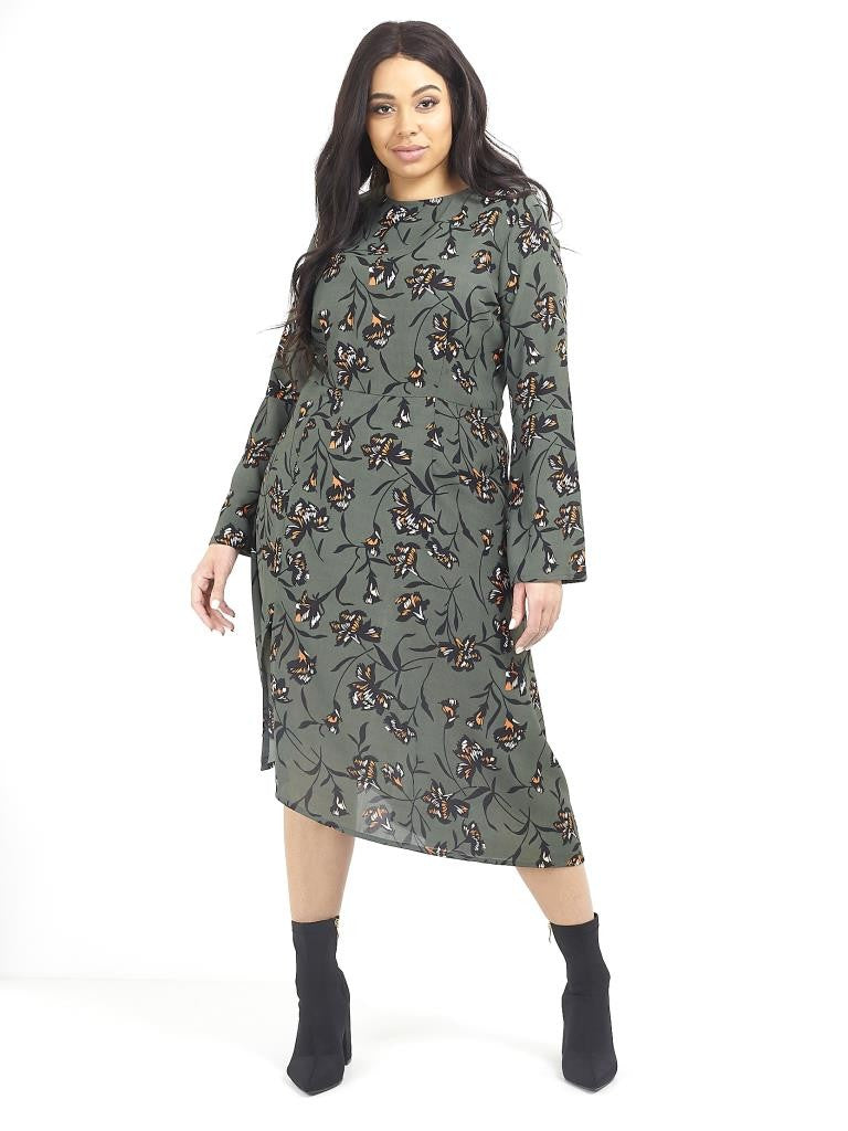 Plus Size Asymmetric Hem Floral Print Dress
