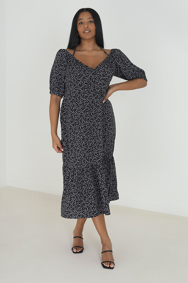 Plus Size Floral Tie Up Tiered Hem Midi Dress