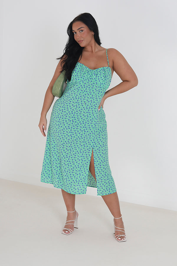 Plus Size Green/Blue Strappy Floral Midi Dress