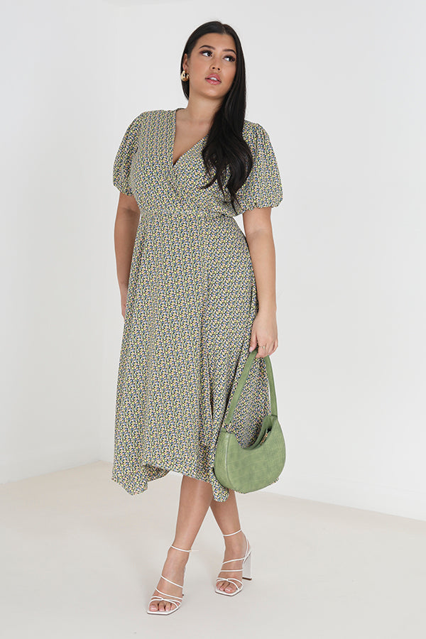 All Over Print Plus Size Wrap Front Midi Dress