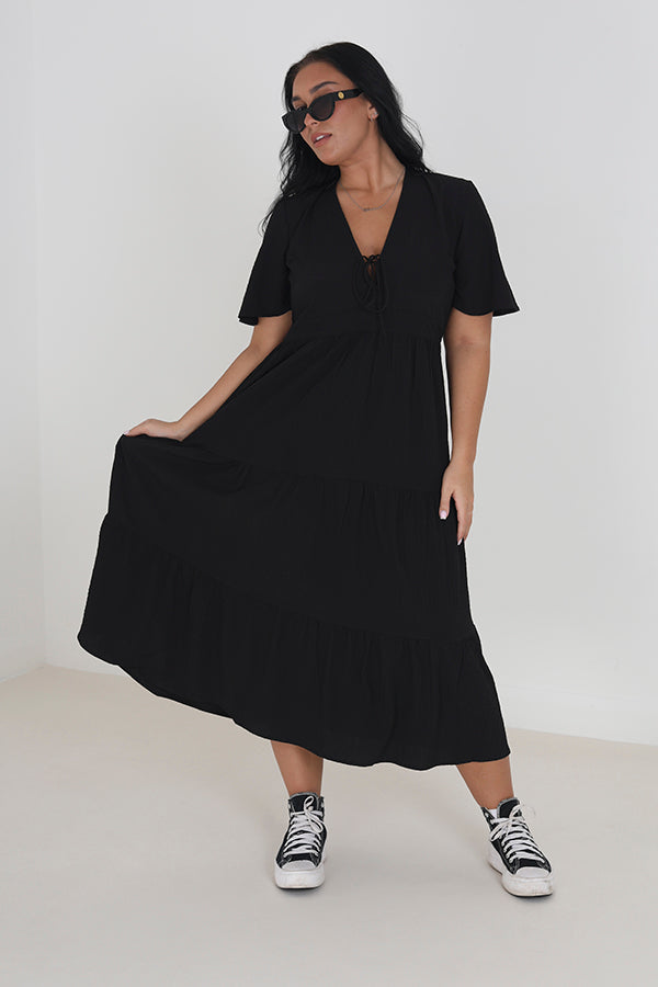 Plus Size Black Midi Length V Neck Open Back Dress