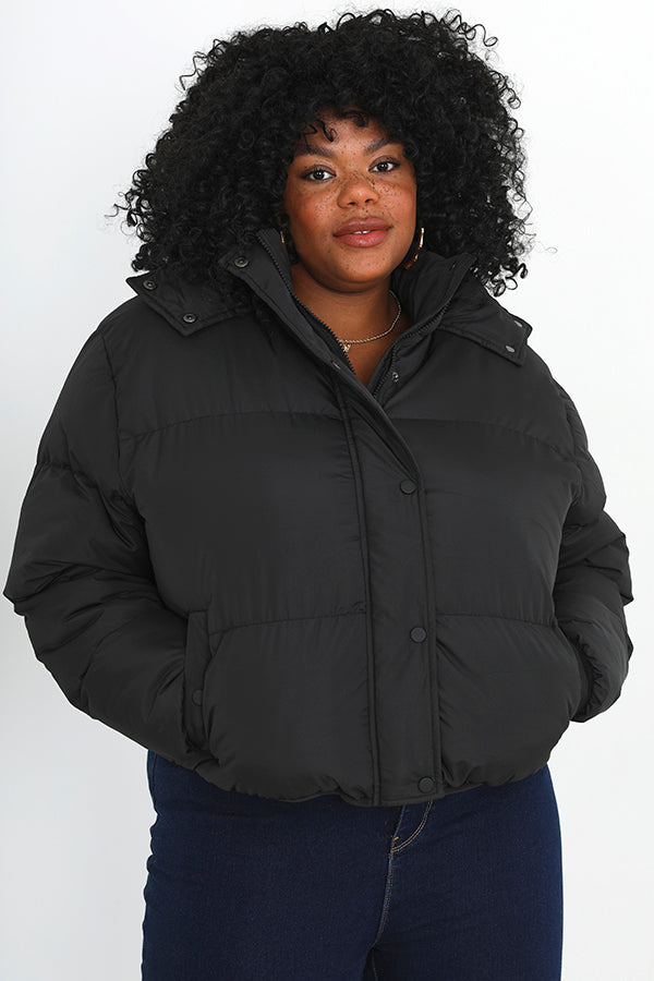 Plus Size Black Short Hooded Puffer Jacket