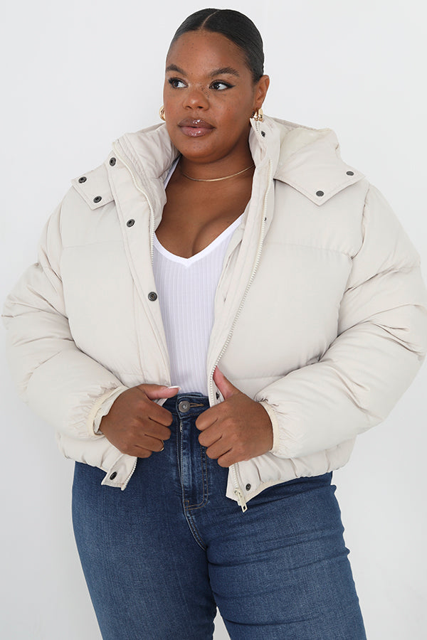Plus Size Cream Short Padded Puffer Jacket