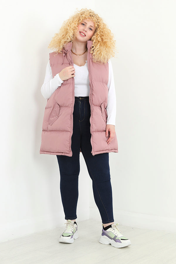 Plus Size Pink Longline Hooded Padded Gilet