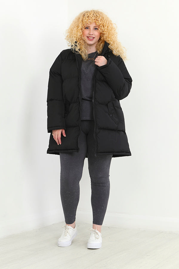 Plus Size Black Longline Hooded Padded Jacket