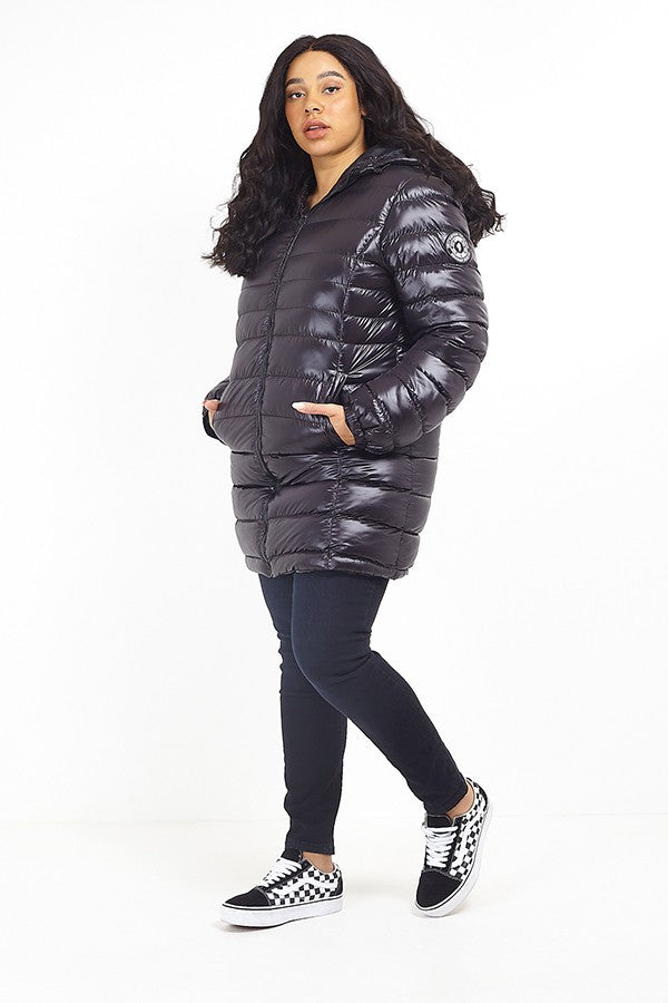 Plus Size High Shine Finish Badge Detail Padded Coat