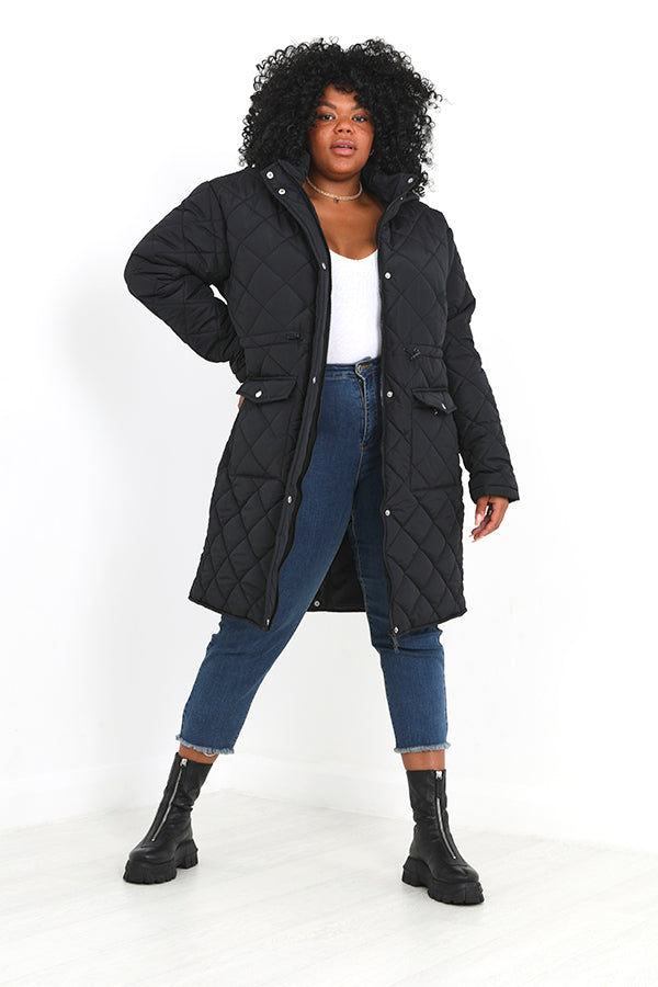 Longer Length Diamond Quilted Hooded Jacket