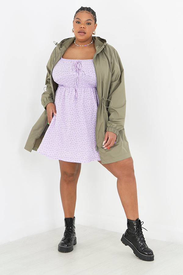 Plus Size Khaki Showerproof Long Hooded Jacket