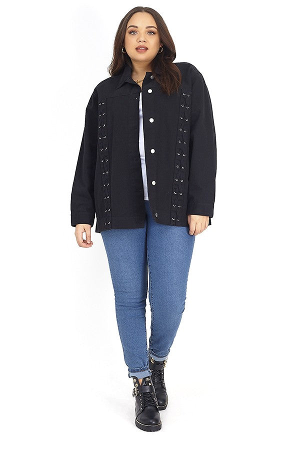 Plus Size Lace-Up Seam Cotton Twill Jacket