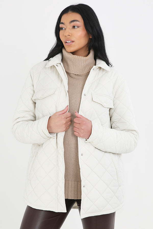 Plus Size Cream Diamond Quilted Padded Jacket