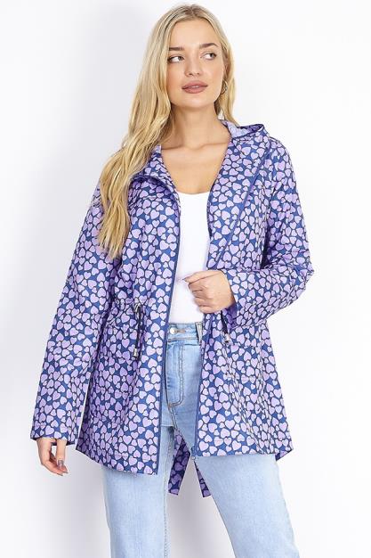 Plus Size Navy And Lilac Heart Print Hooded Rain Mac