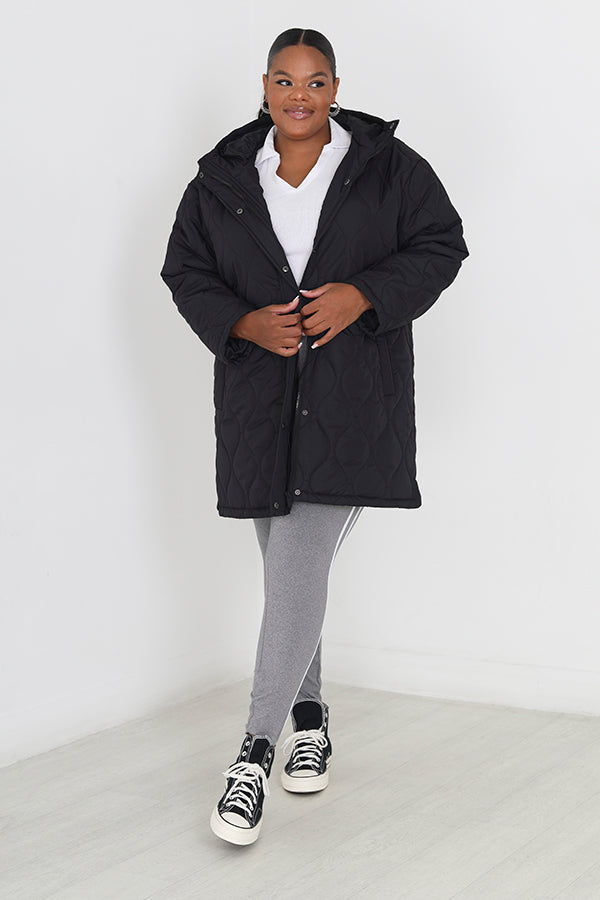 Plus Size Black Onion Quilted Hooded Jacket