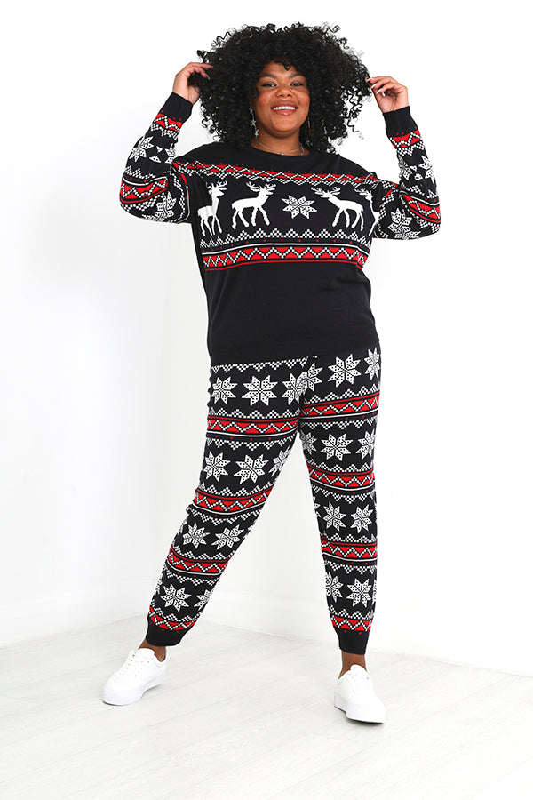 Plus Size Navy Ski Season Jacquard Print Knitted Set