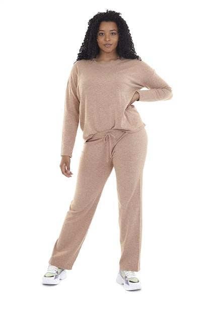 Plus Size Camel Knitted Top And Trouser Co-Ord Set