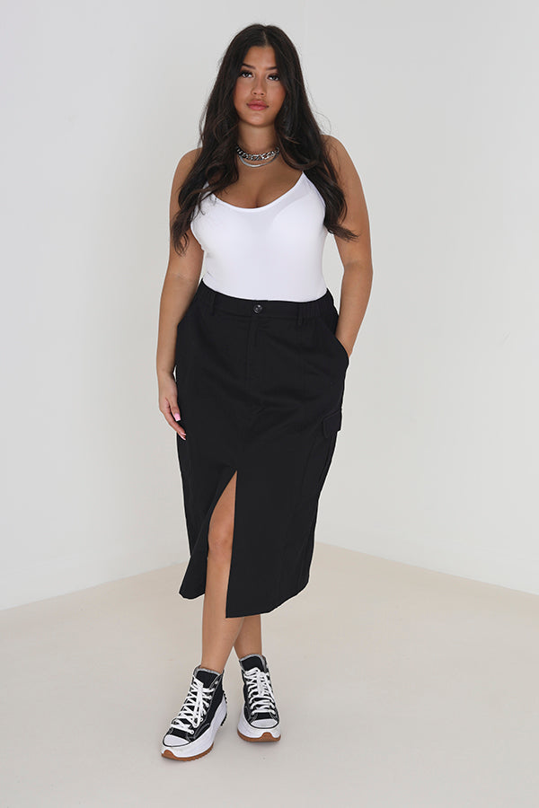 Black Plus Size Cargo Style Denim Midi Skirt