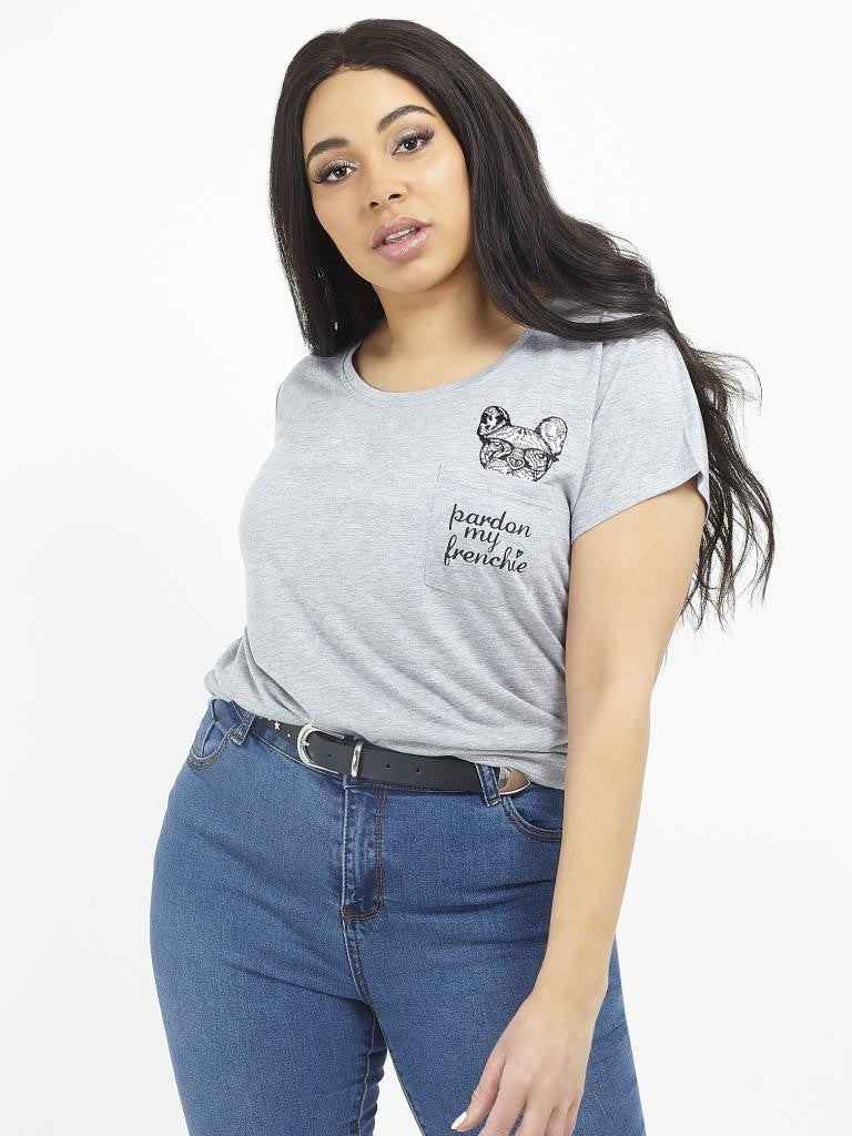 Plus Size Pardon My Frenchie Slogan Pocket T-Shirt