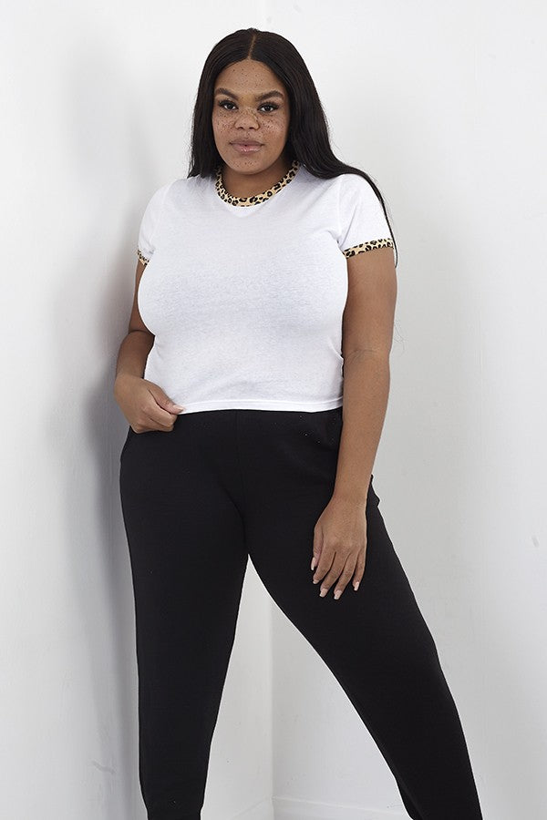 Plus Size Leopard Print Trim Short Sleeve T-Shirt
