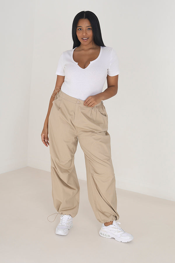 Plus Size Stone Wide Leg Utility Cargo Trousers