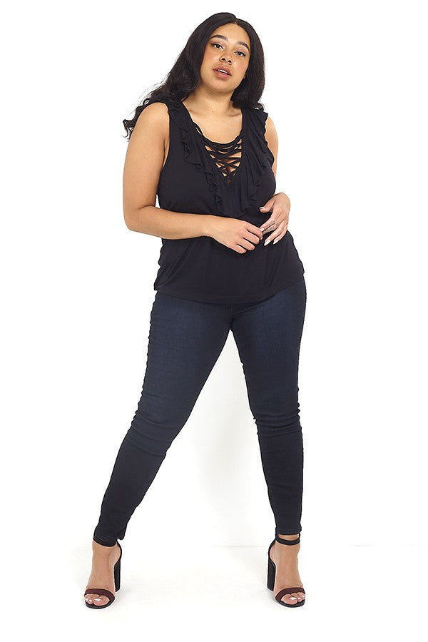 Plus Size Lace-Up Plunge Neck Frilled Vest