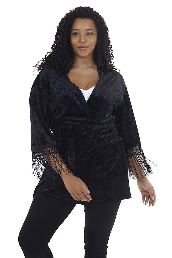 Plus Size Fringe Detail Velvet Kimono