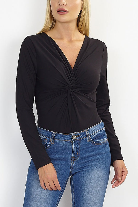 Black Long Sleeve Twist Front V-Neck Bodysuit