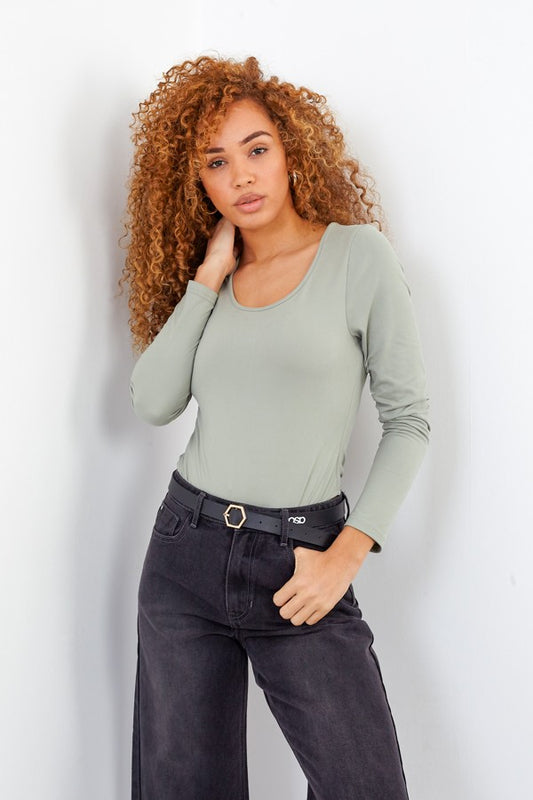 Khaki Scoop Neck Long Sleeve Bodysuit