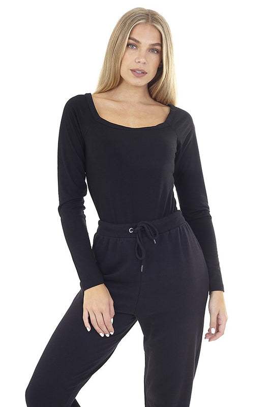 Black Long Sleeve Square Neck Bodysuit