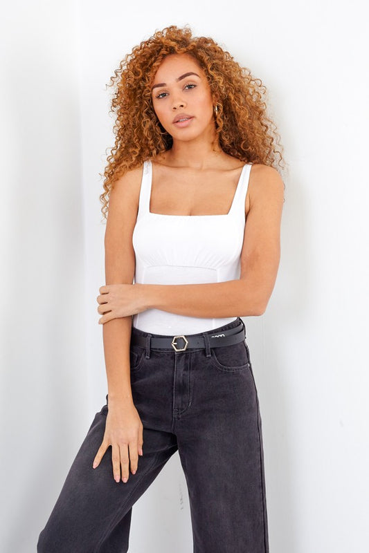 Plain Gathered Bust Detail Vest Bodysuit