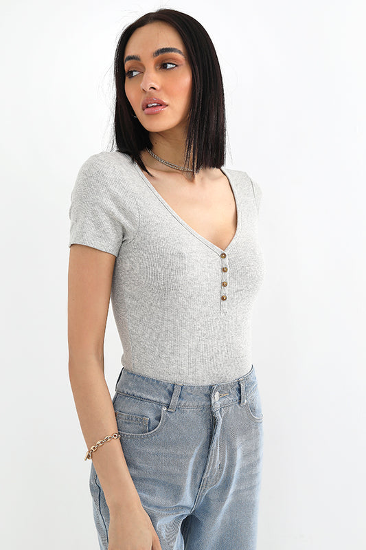 Grey Marl Button Detail T-Shirt Ribbed Bodysuit