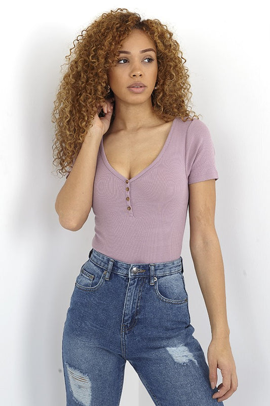 Mauve Button Detail T-Shirt Ribbed Bodysuit