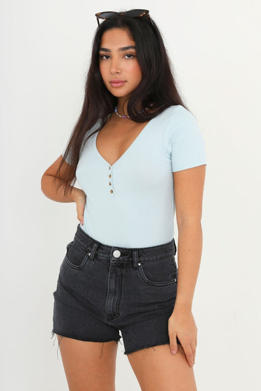 Powder Blue Button Detail T-Shirt Ribbed Bodysuit