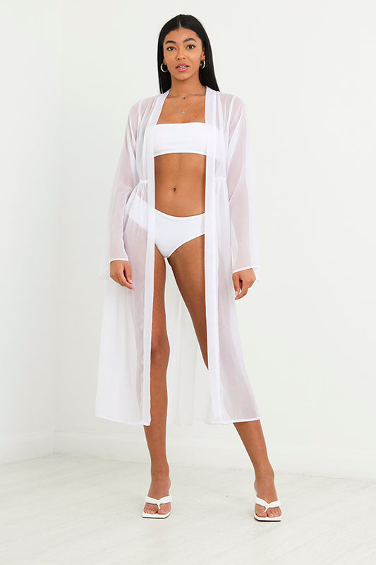 Sheer Chiffon Long Length White Kimono