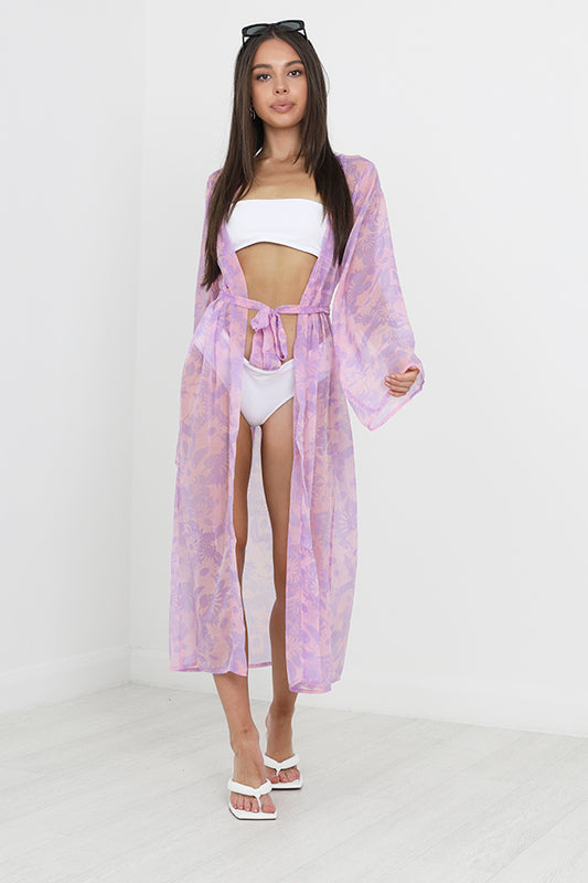 Retro Floral Print Full Length Sheer Beach Kimono
