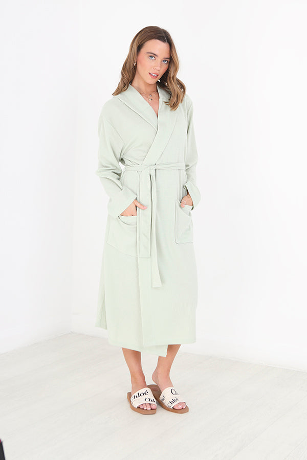 Sage Green Longline Hooded Waffle Dressing Gown
