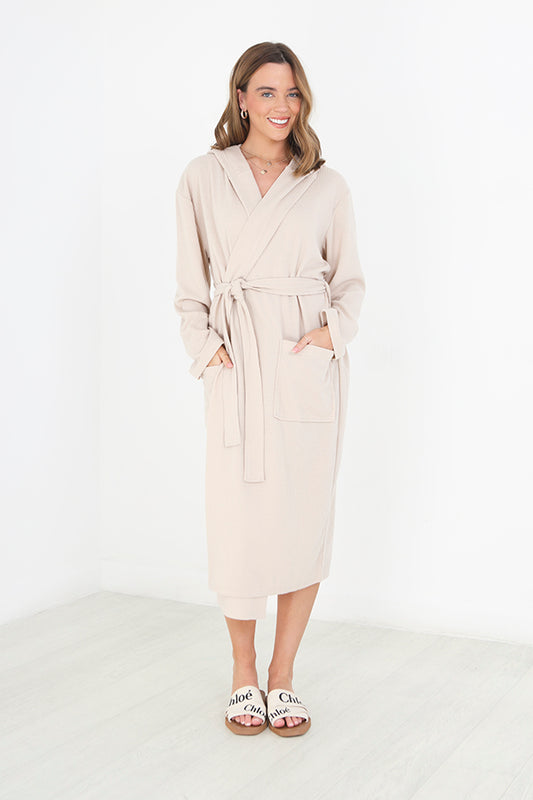 Natural Long Length Hooded Waffle Dressing Gown