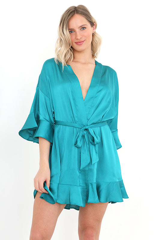 Frilled Detail Teal Satin Kimono